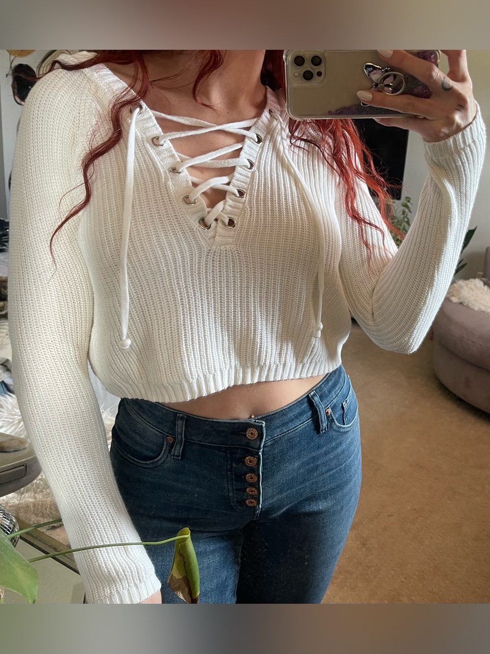 Forever 21 White Lace-Up Ribbed Crop Hoodie Sweater